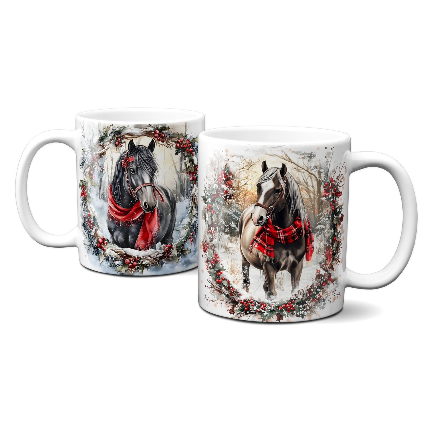 Keramiktasse mit Weihnachtsmotiv - Pferde Tiere Weihnachtskranz rotes Halstuch