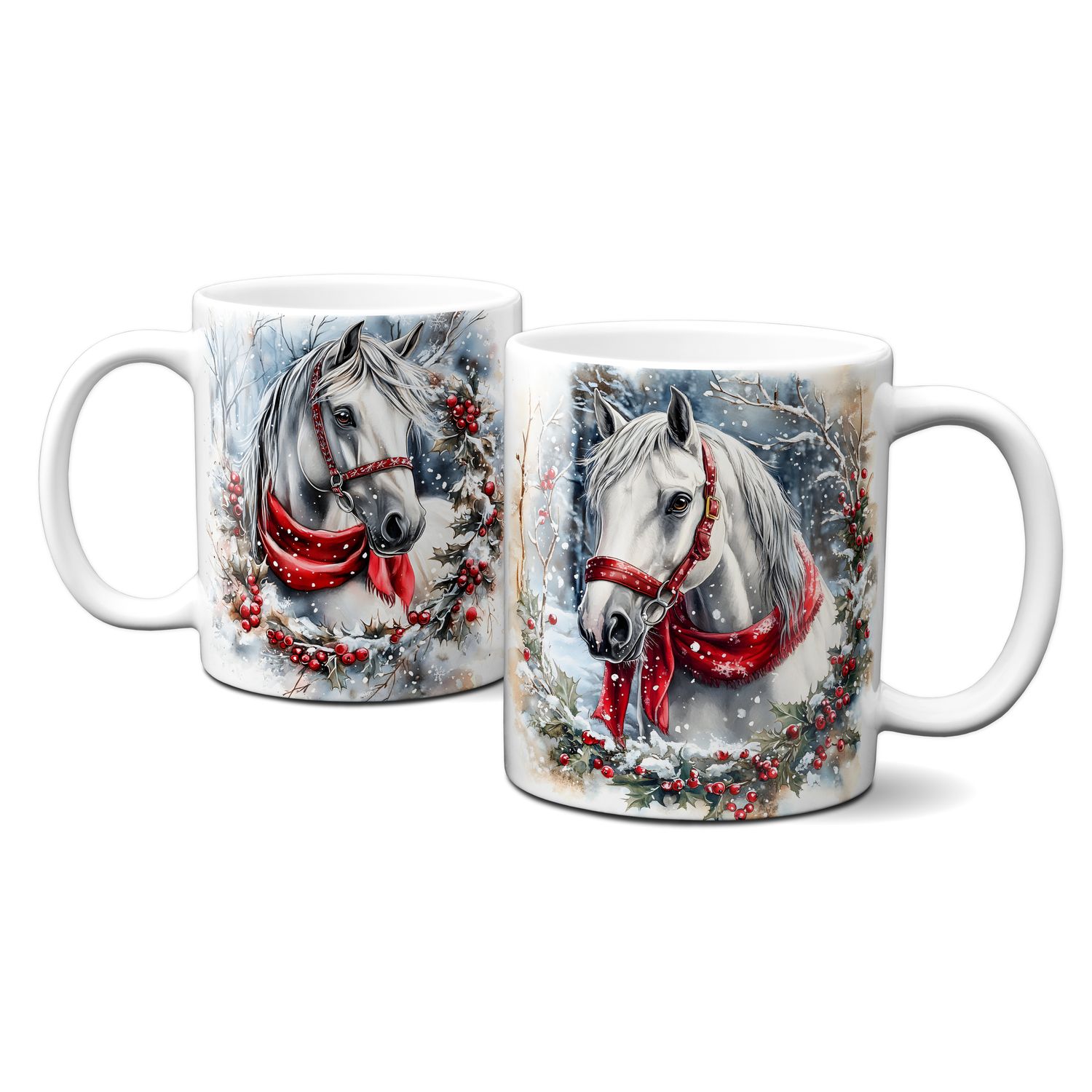 Keramiktasse mit Weihnachtsmotiv - Pferde Tiere Weihnachtskranz rotes Halstuch