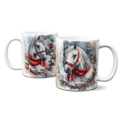 Keramiktasse mit Weihnachtsmotiv - Pferde Tiere Weihnachtskranz rotes Halstuch Keramiktasse mit Weihnachtsmotiv - Pferde Tiere Weihnachtskranz rotes Halstuch