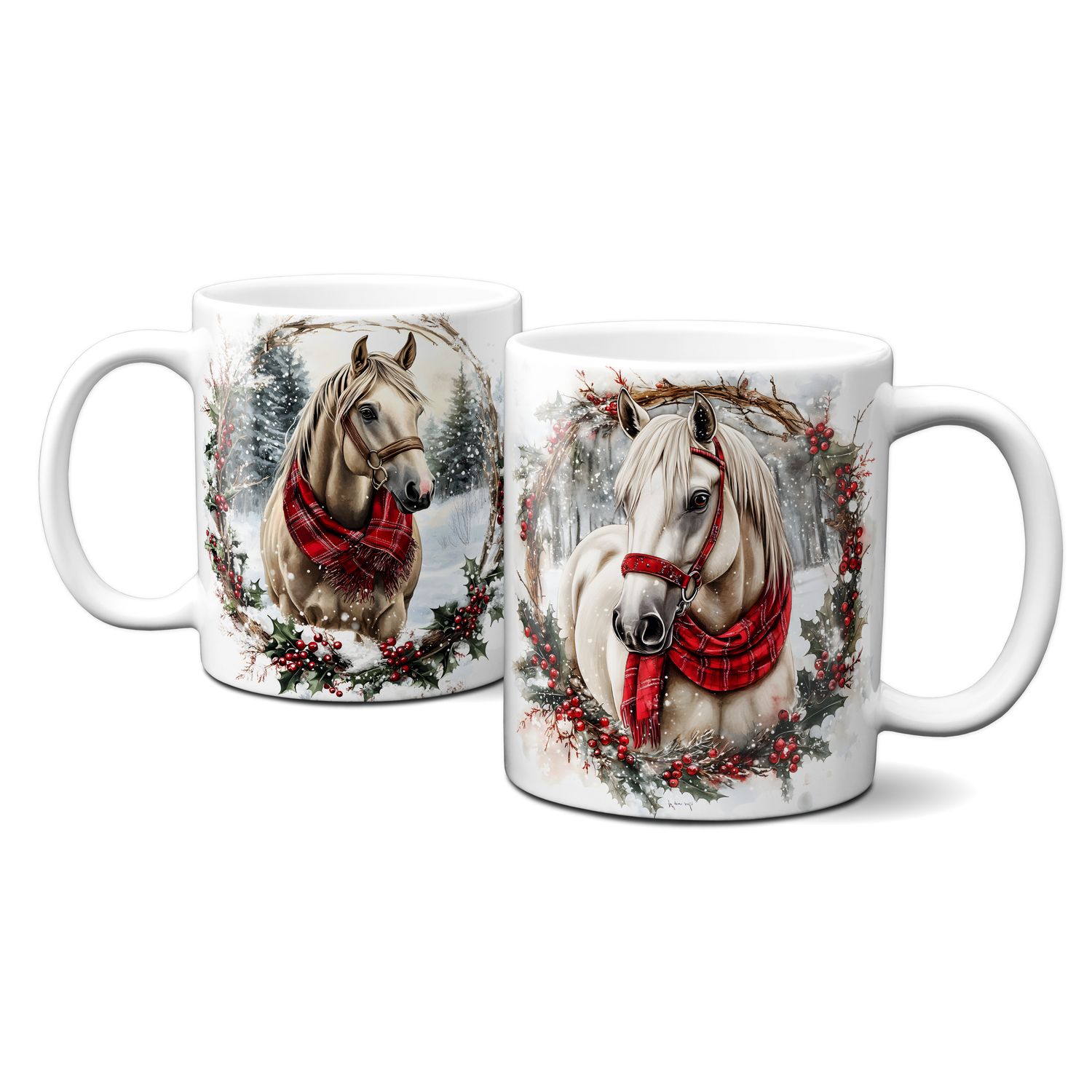Keramiktasse mit Weihnachtsmotiv - Pferde Tiere Weihnachtskranz rotes Halstuch