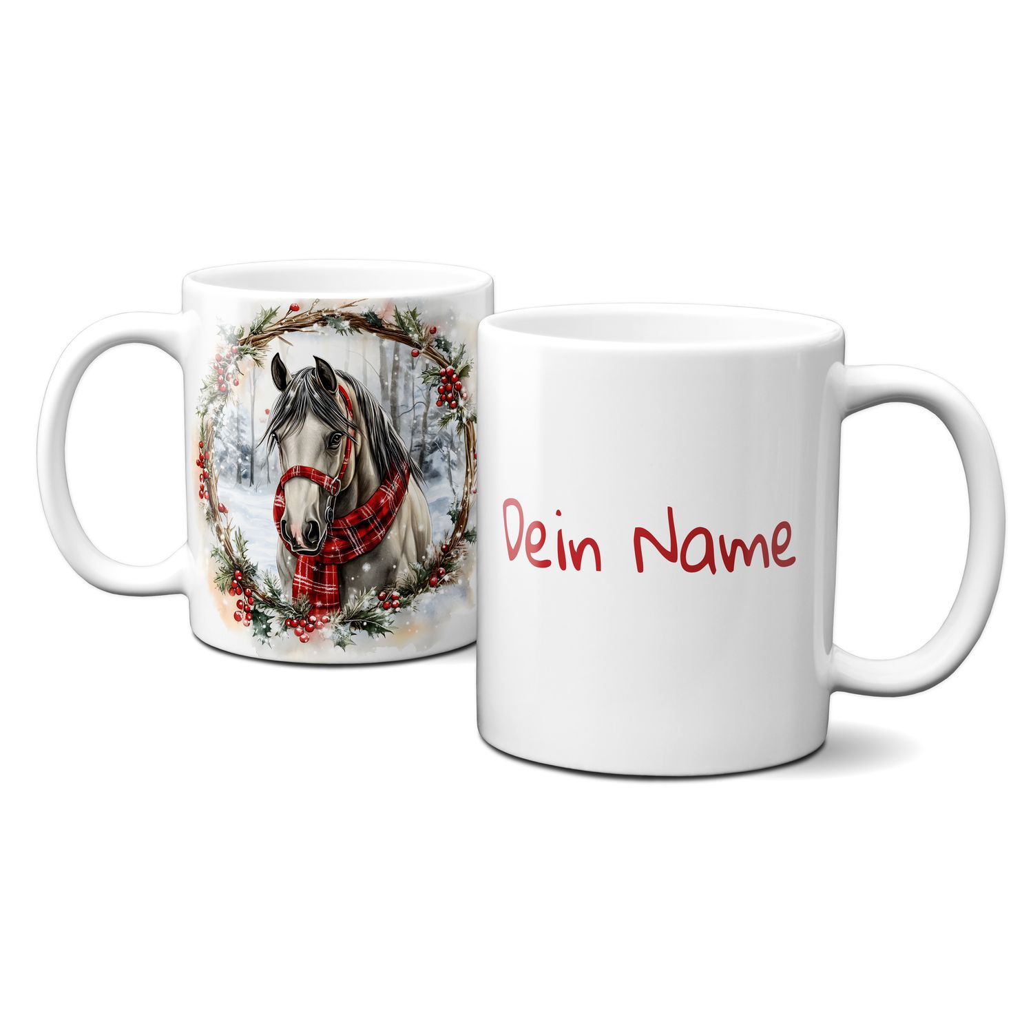 Keramiktasse mit Weihnachtsmotiv-Winter-Pferd-Wald-Kranz-Personalisierbar