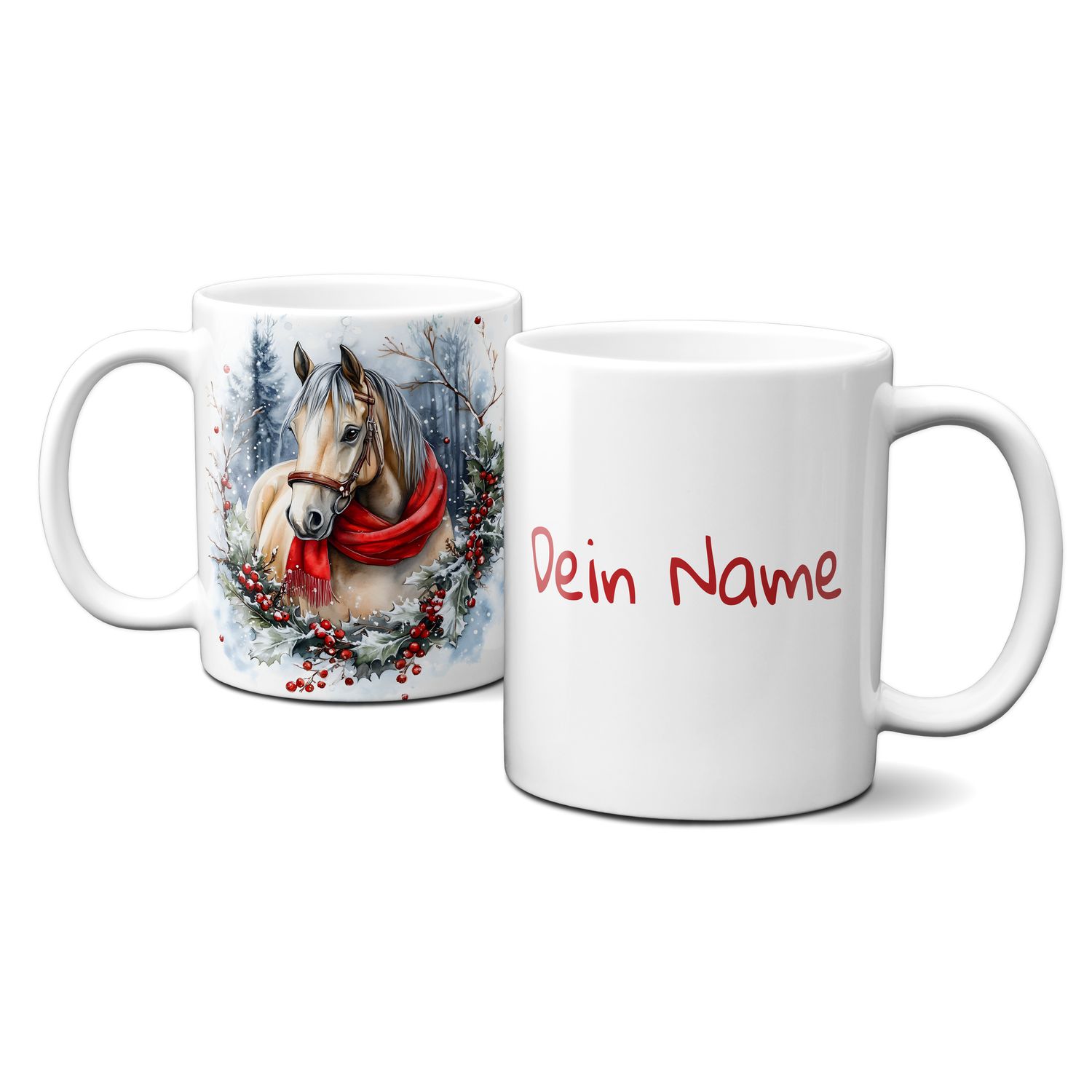 Keramiktasse mit Weihnachtsmotiv-Winter-Pferd-Wald-Kranz-Personalisierbar