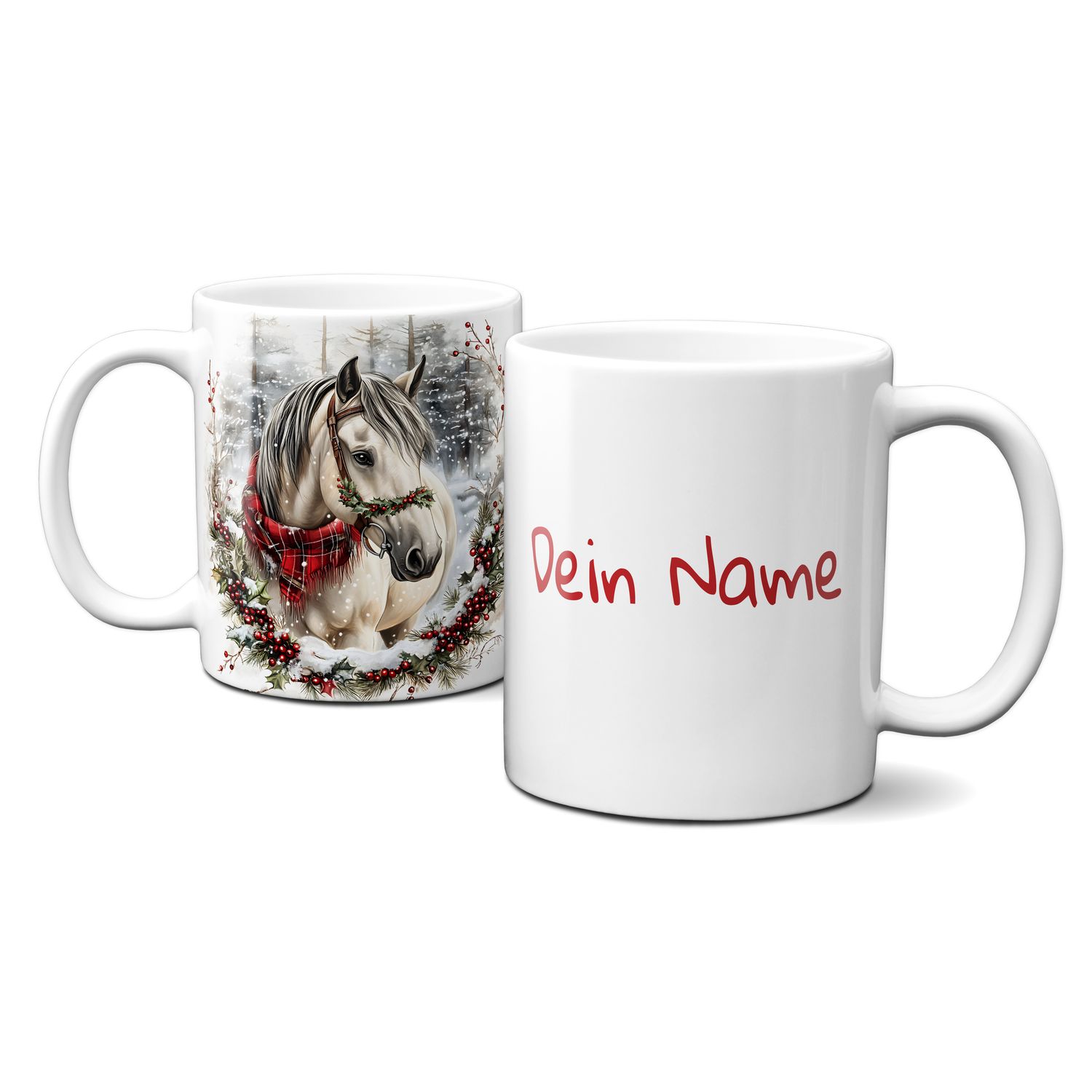 Keramiktasse mit Weihnachtsmotiv-Winter-Pferd-Wald-Kranz-Personalisierbar