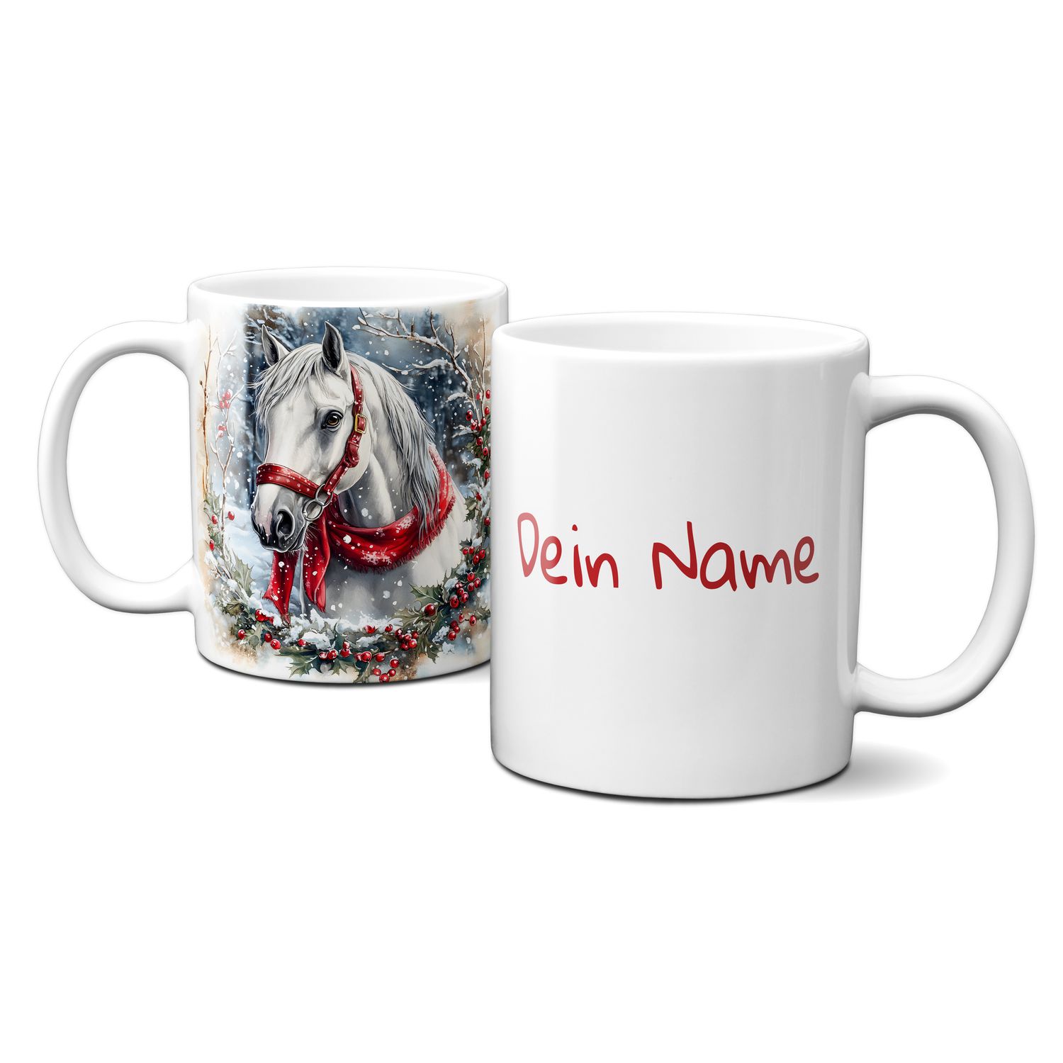 Keramiktasse mit Weihnachtsmotiv-Winter-Pferd-Wald-Kranz-Personalisierbar