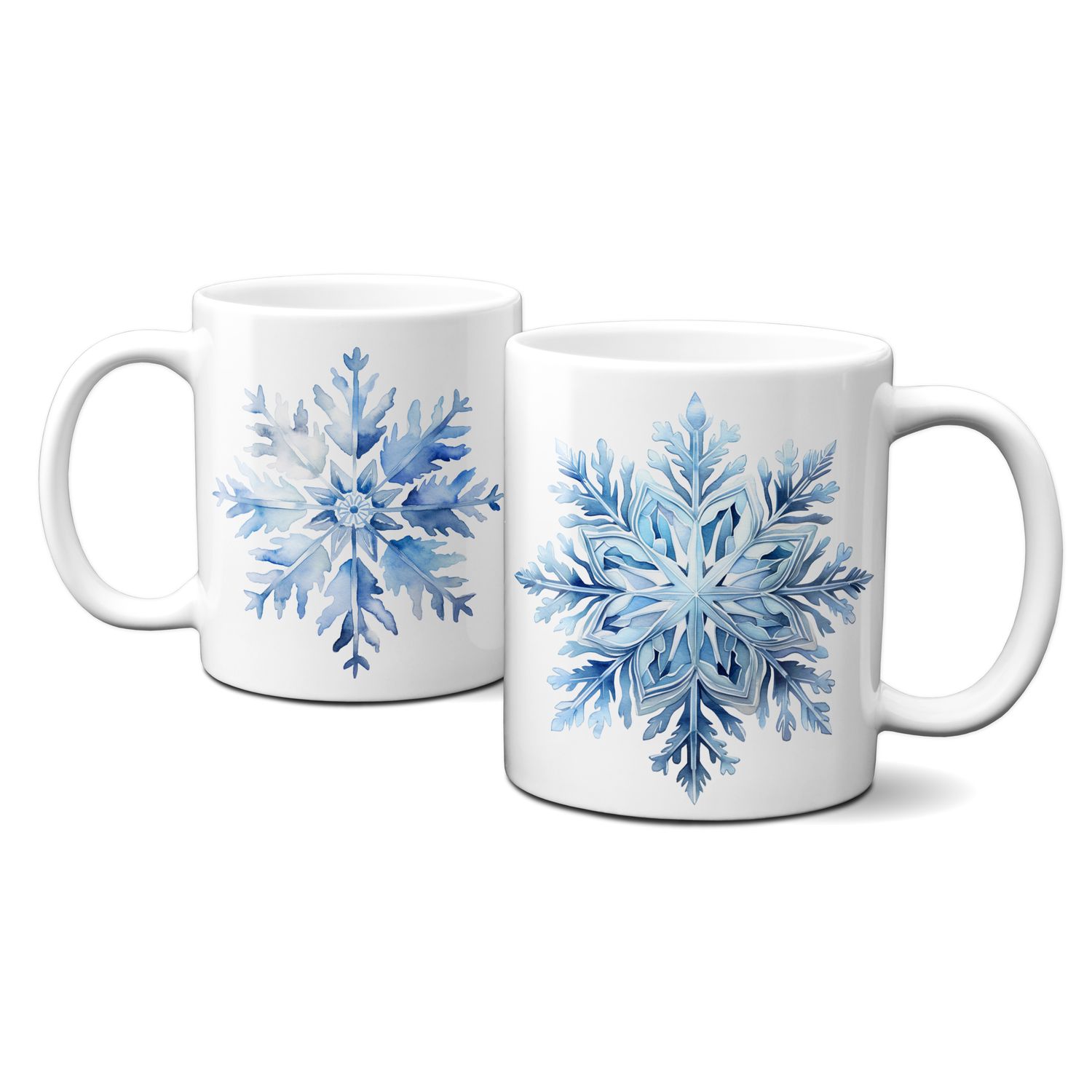 Keramiktasse mit Wintermotiv - Schneeflocken, zarte Kristalle, Schnee, Blau