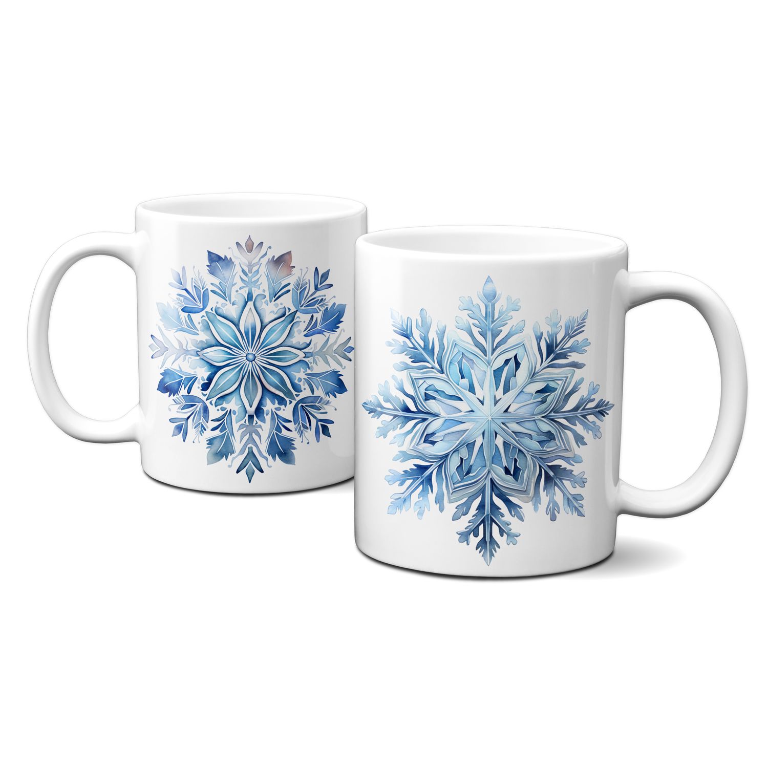 Keramiktasse mit Wintermotiv - Schneeflocken, zarte Kristalle, Schnee, Blau