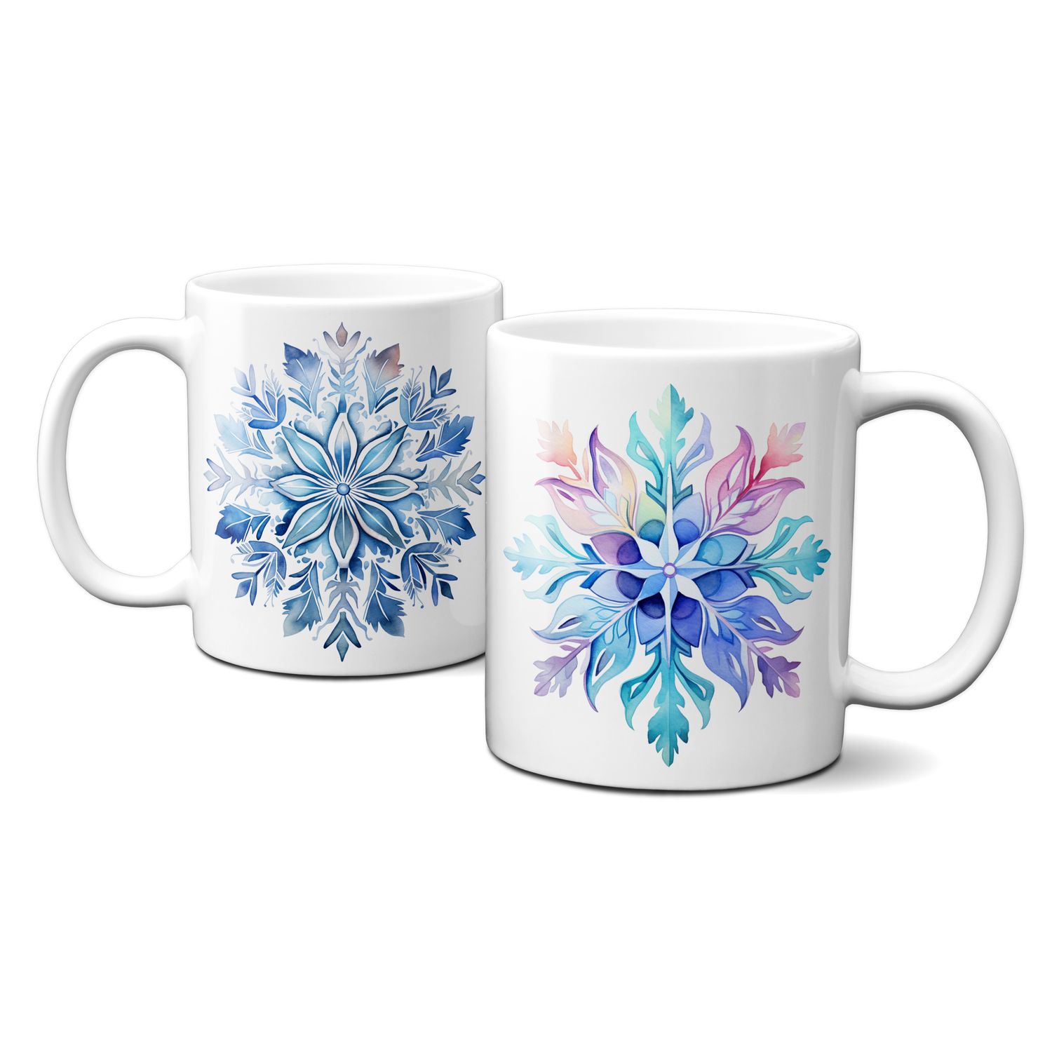 Keramiktasse mit Wintermotiv - Schneeflocken, zarte Kristalle, Schnee, Blau-Bunt