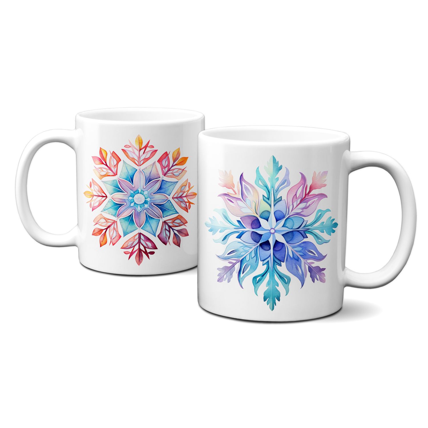 Keramiktasse mit Wintermotiv - Schneeflocken, zarte Kristalle, Schnee, Blau-Bunt