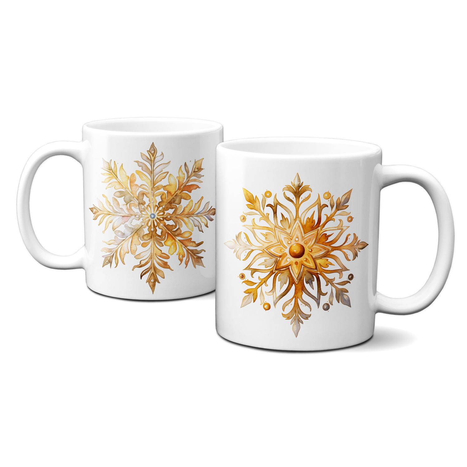Keramiktasse mit Wintermotiv - Schneeflocken, zarte Kristalle, Schnee, Gold