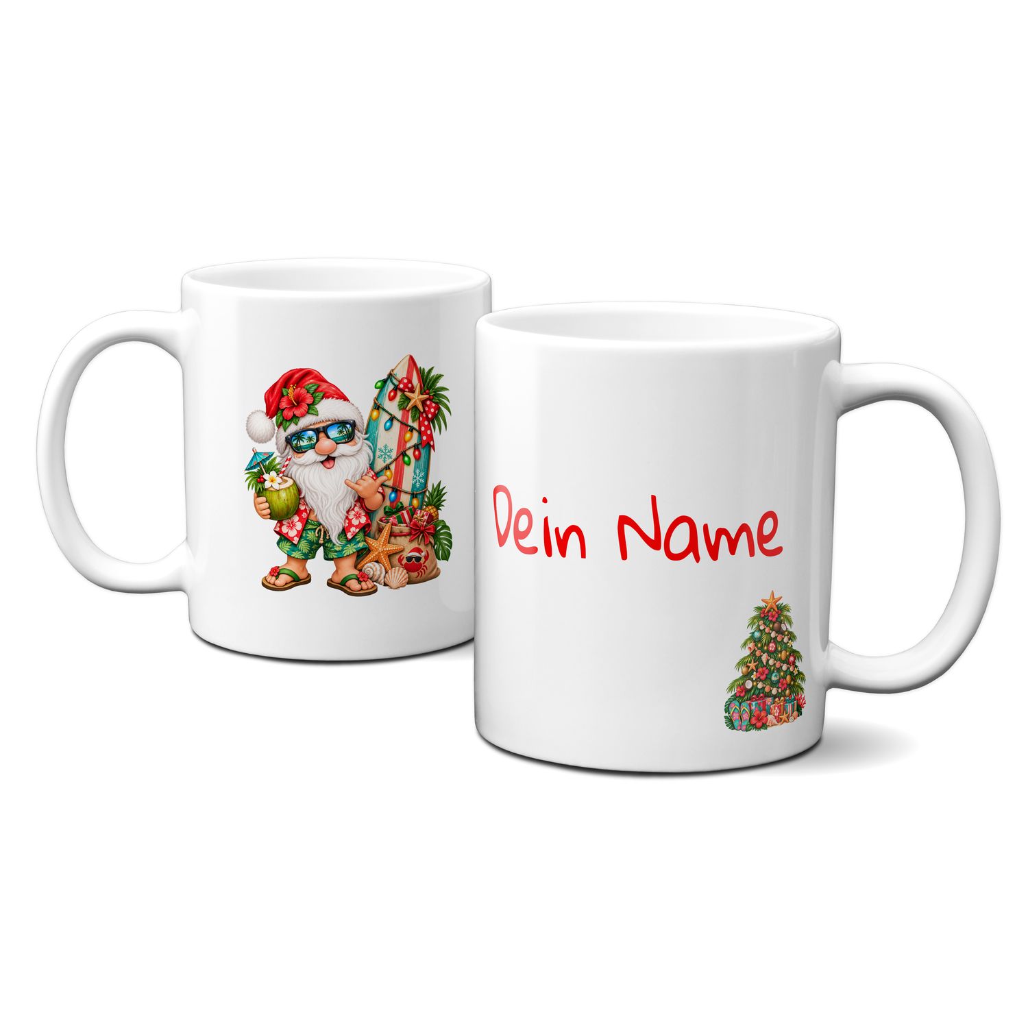 Keramiktasse mit Weihnachtsmotiv - Meer-Weihnachtsmann-Kokosnuss-Geschenke - Personalisierbar