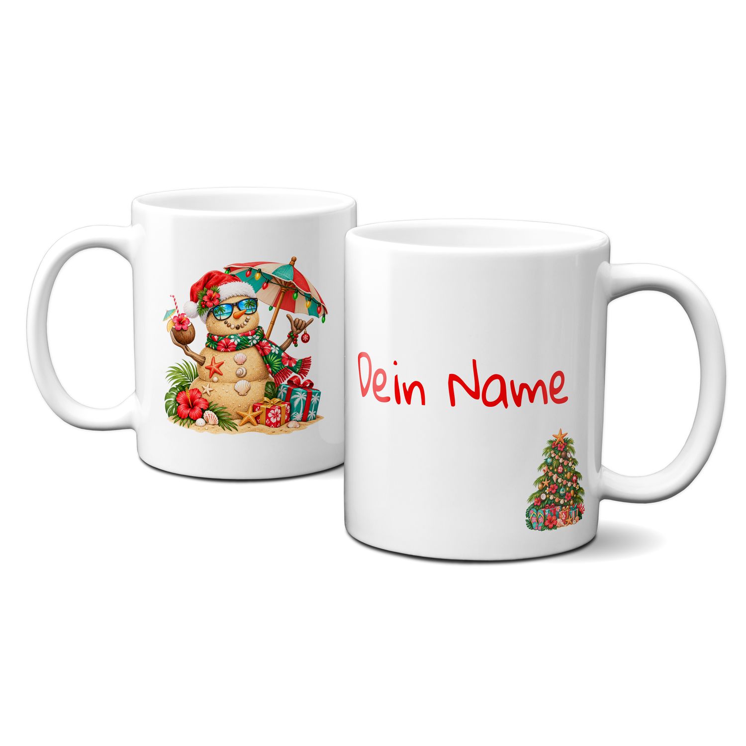 Keramiktasse mit Weihnachtsmotiv - Schneemann mit Sonnenschirm-Kokosnuss-Geschenke - Personalisierbar