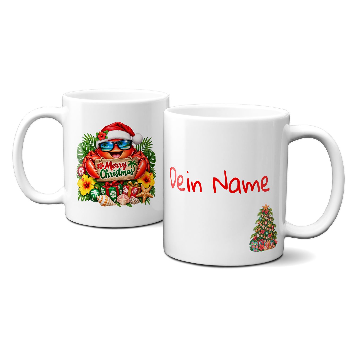 Keramiktasse mit Weihnachtsmotiv - lustige Weihnachts-Krabbe mit Geschenken - Personalisierbar