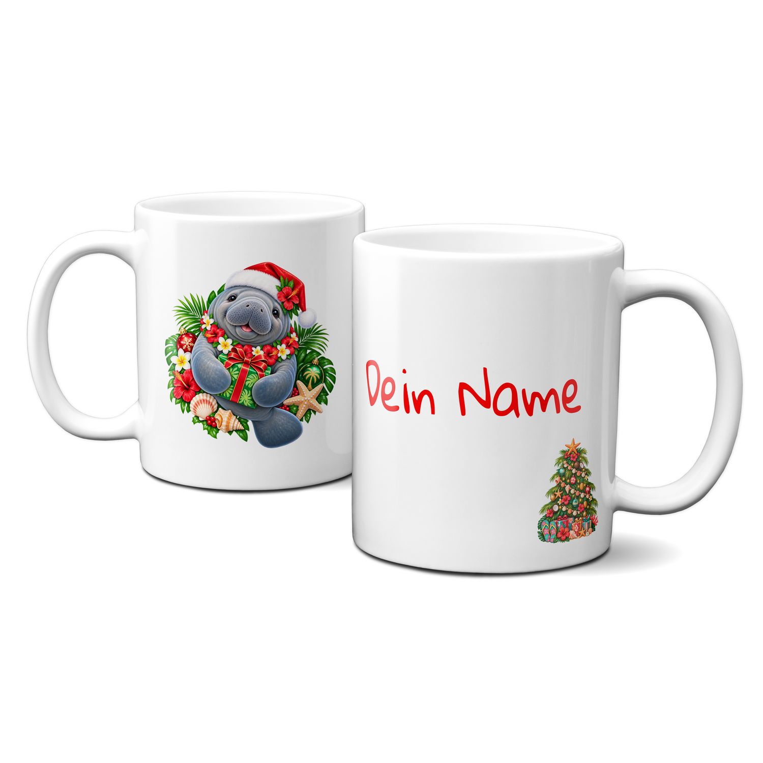 Keramiktasse mit Weihnachtsmotiv - lustige Weihnachts-Robbe mit Geschenken - Personalisierbar