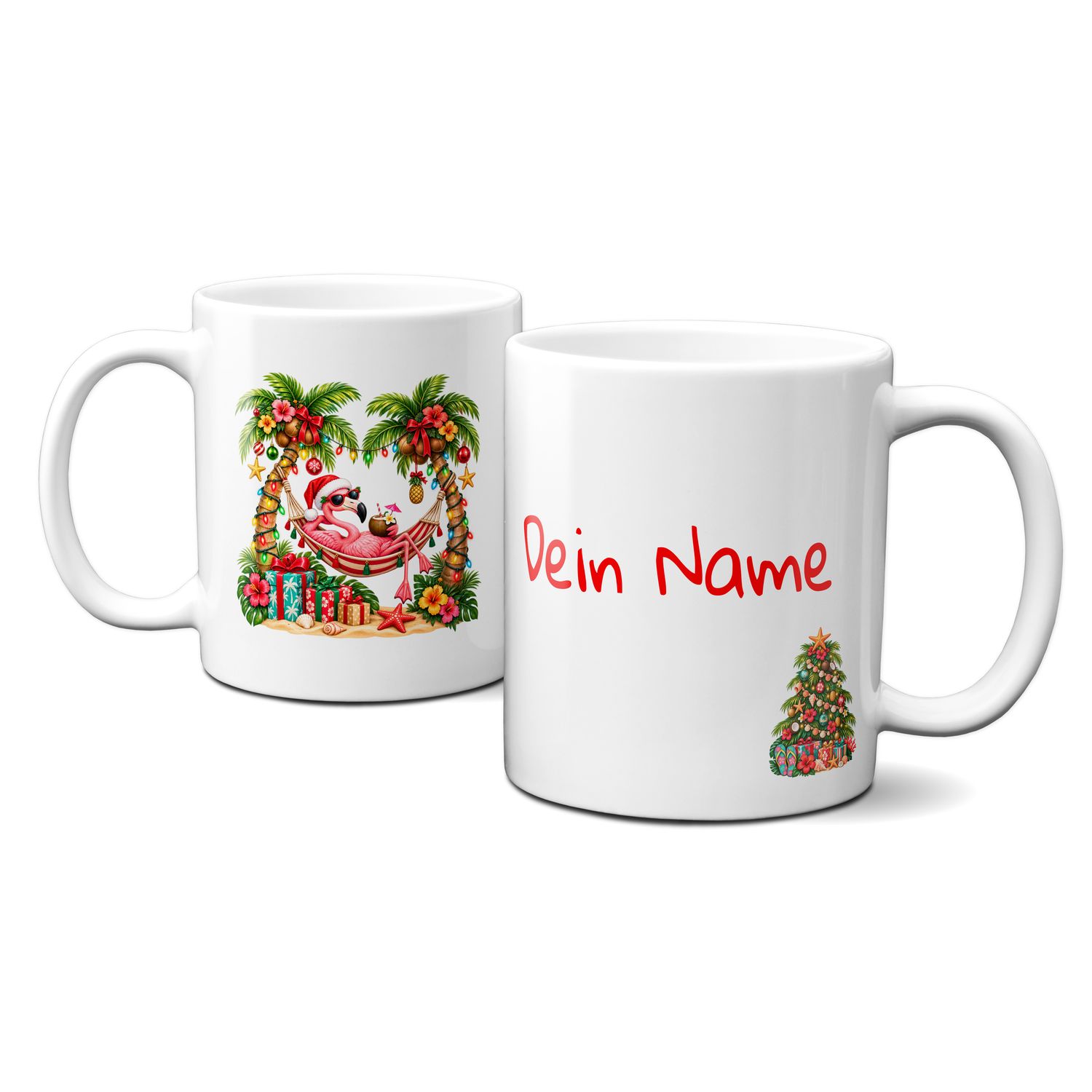 Keramiktasse mit Weihnachtsmotiv - Hängematte-Palmen-Geschenke - Personalisierbar
