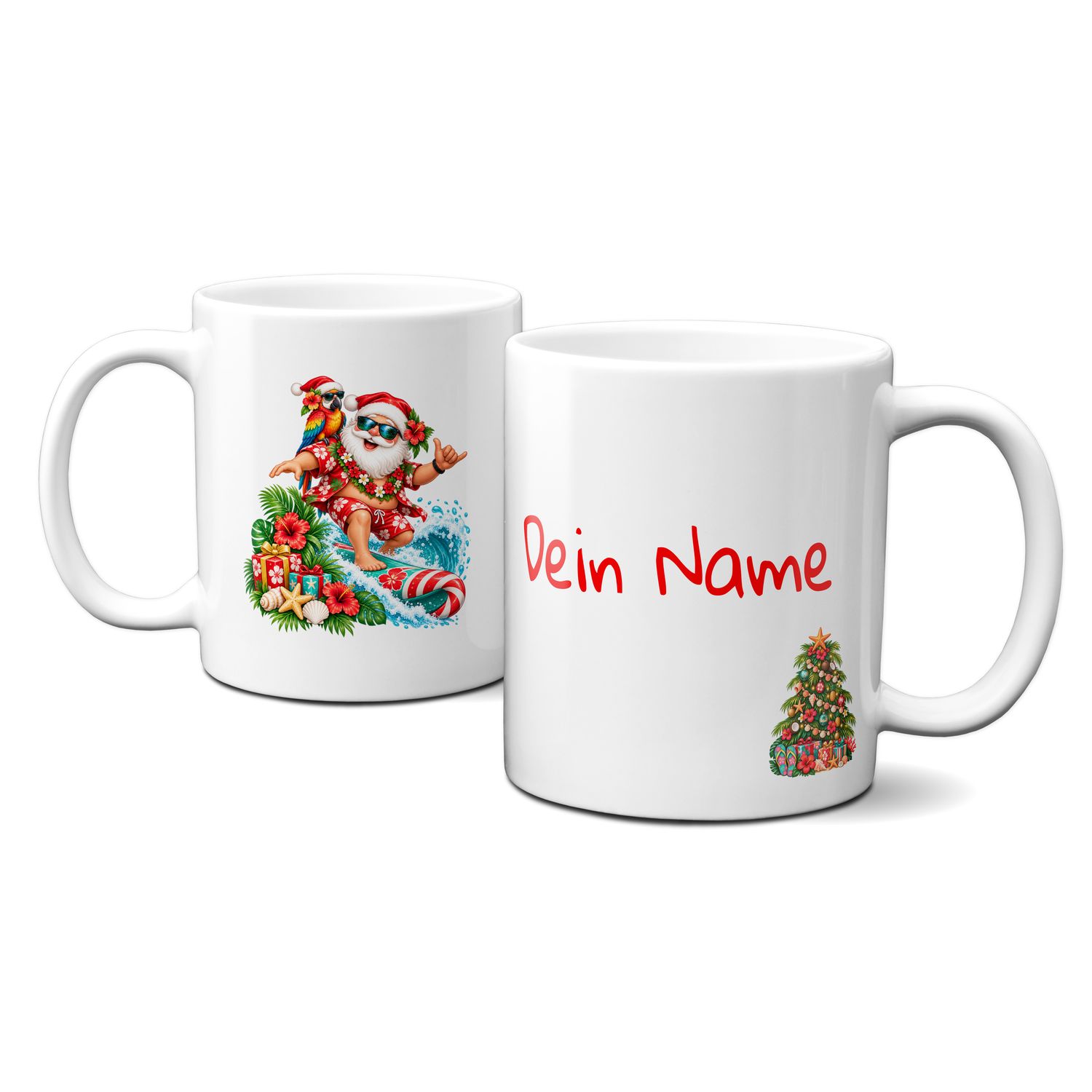 Keramiktasse mit Weihnachtsmotiv - Meer-Weihnachtsmann-Hibiskus-Geschenke - Personalisierbar