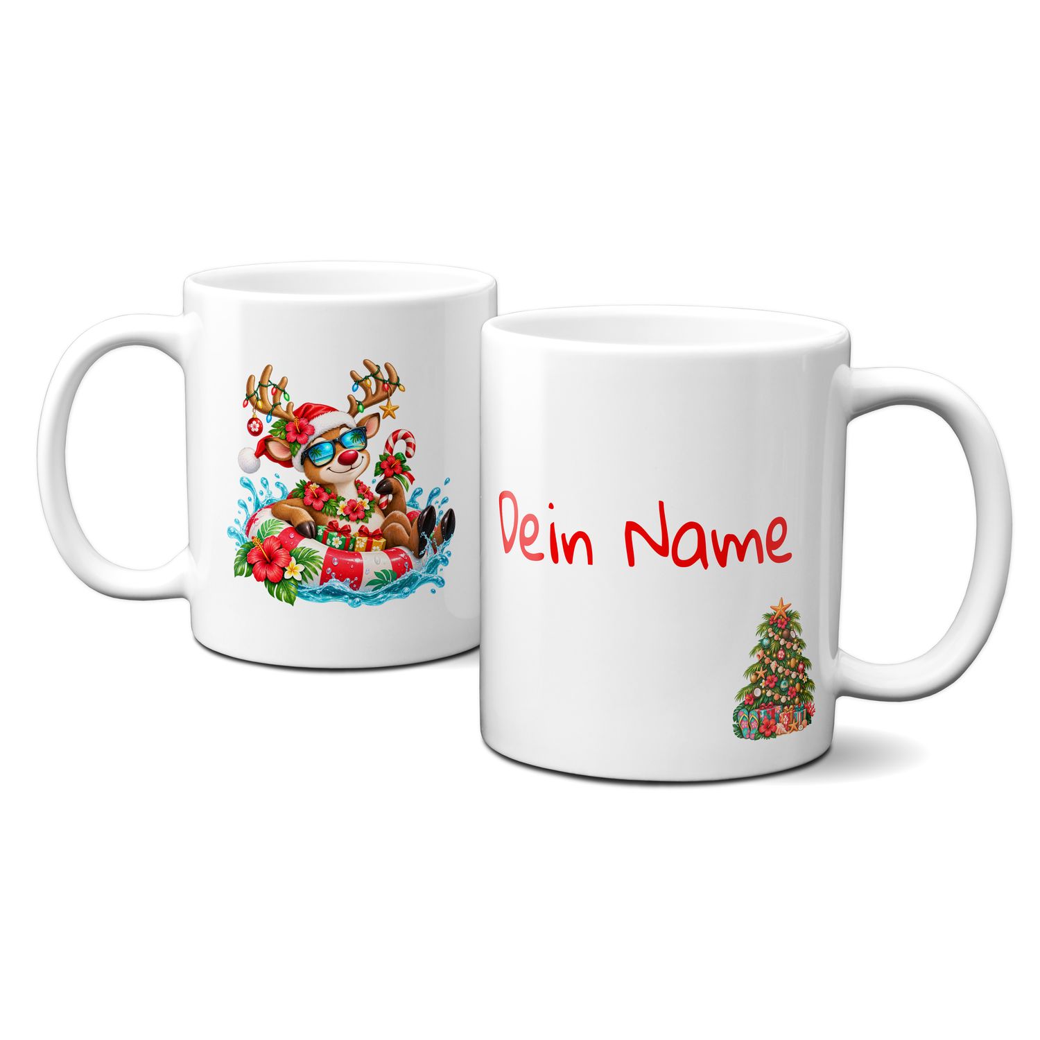 Keramiktasse mit Weihnachtsmotiv - Meer-Weihnachtsmann-Schwimmring-Geschenke - Personalisierbar