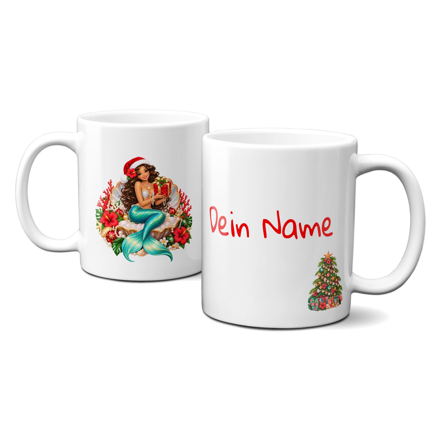 Keramiktasse mit Weihnachtsmotiv - wunderschöne Weihnachts-Meerjungfrau mit Geschenken - Personalisierbar