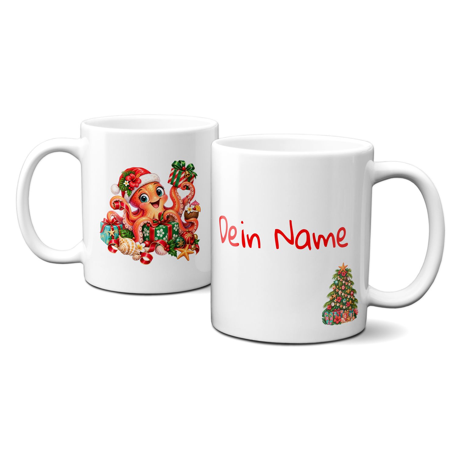 Keramiktasse mit Weihnachtsmotiv - lustiger Weihnachts-Oktopus mit Geschenken - Personalisierbar