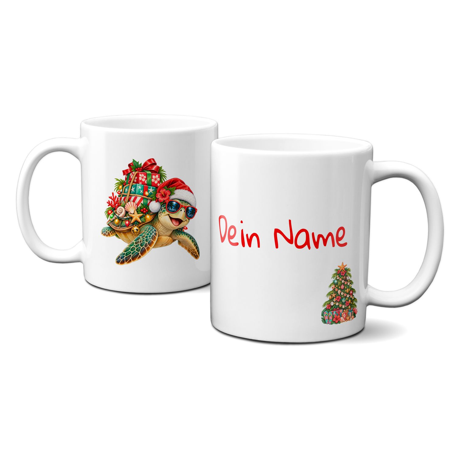 Keramiktasse mit Weihnachtsmotiv - lustige Weihnachts-Schildkröte mit Geschenken - Personalisierbar
