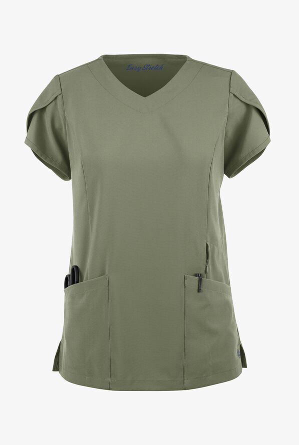 Women&#39;s 4-Pocket V-Neck Scrub Top with Petal Sleeves