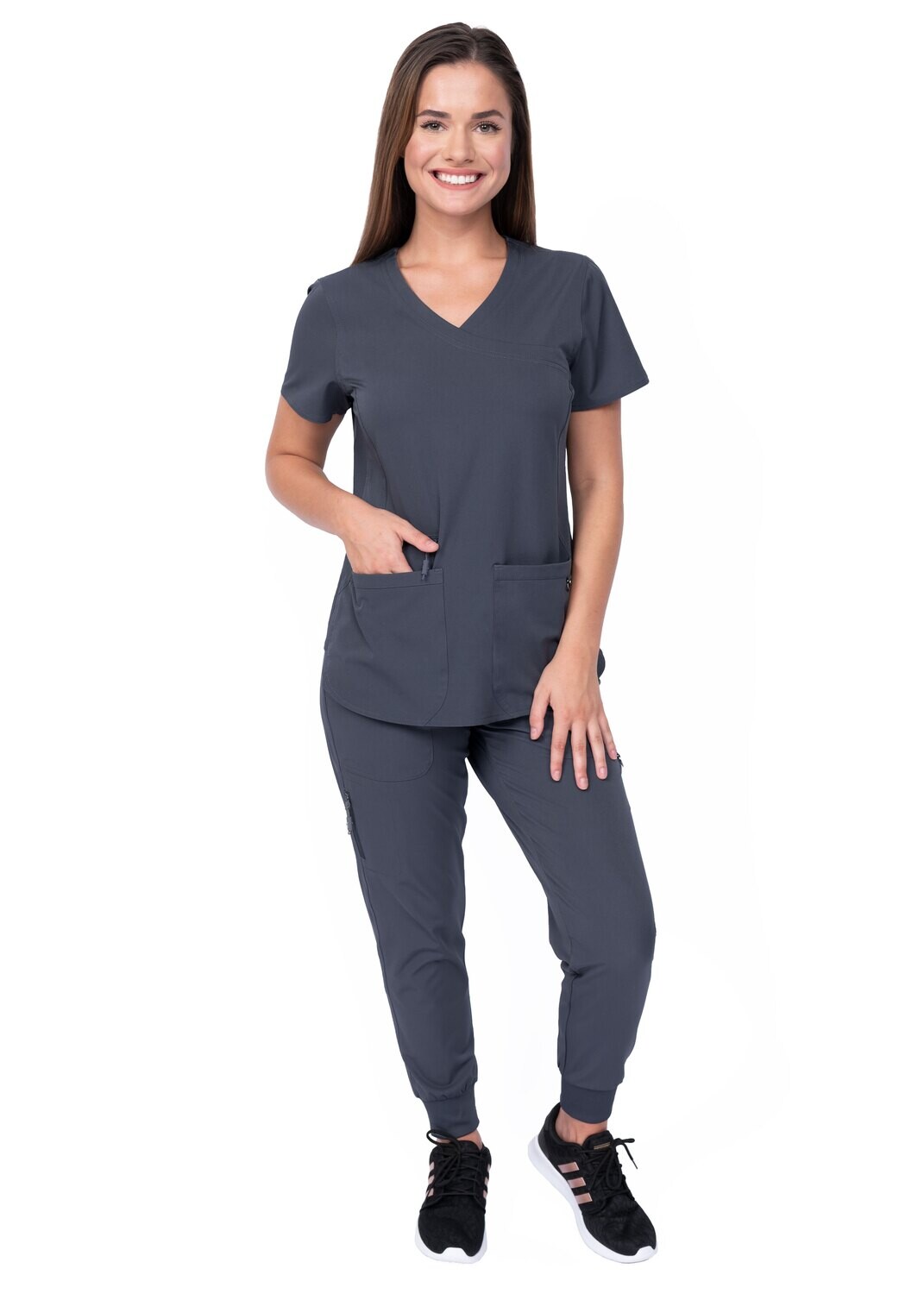 Zavate AVA 1057 Mock wrap V-neck top with side rib knit panels