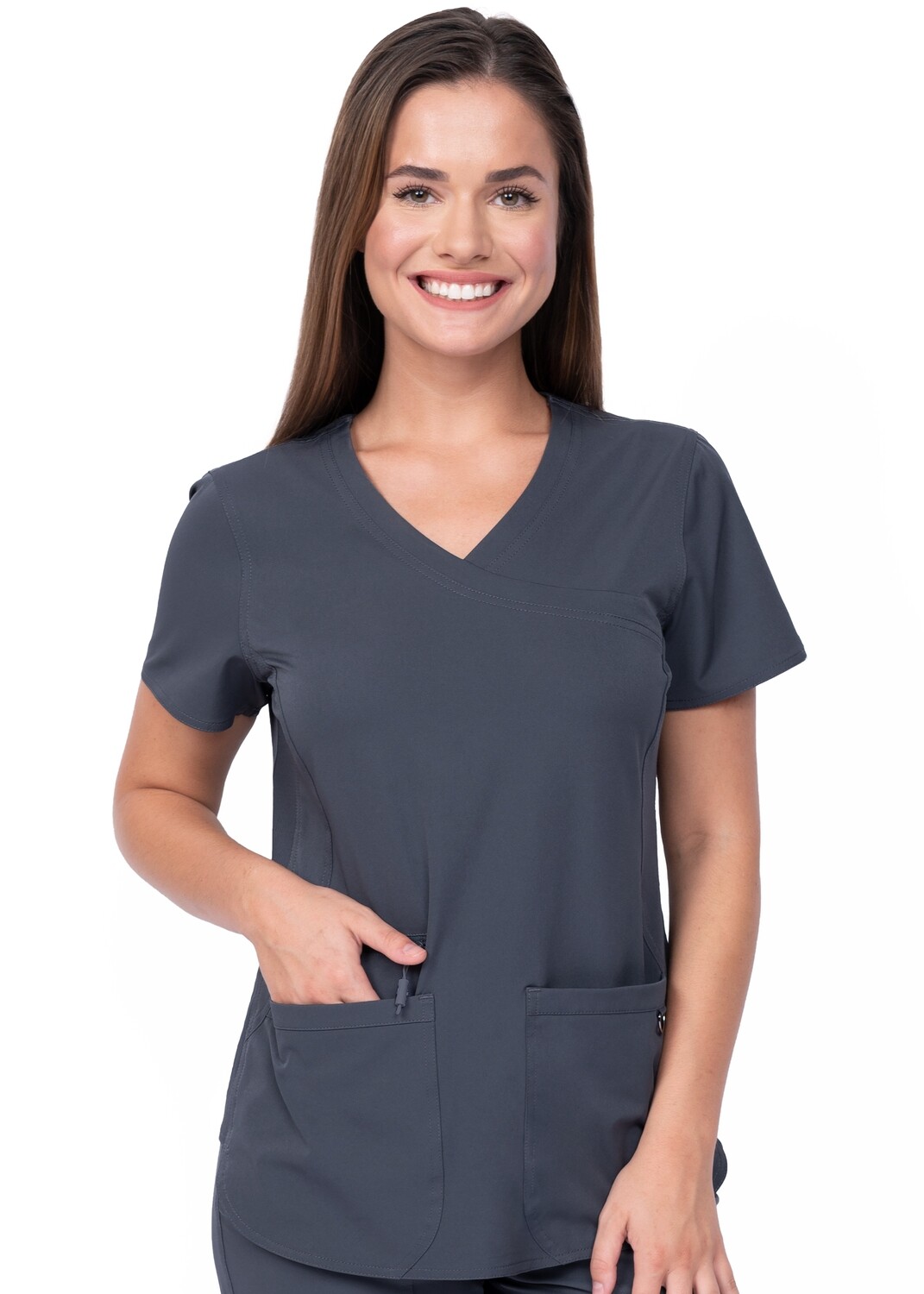 Zavate AVA 1057 Mock wrap V-neck top with side rib knit panels