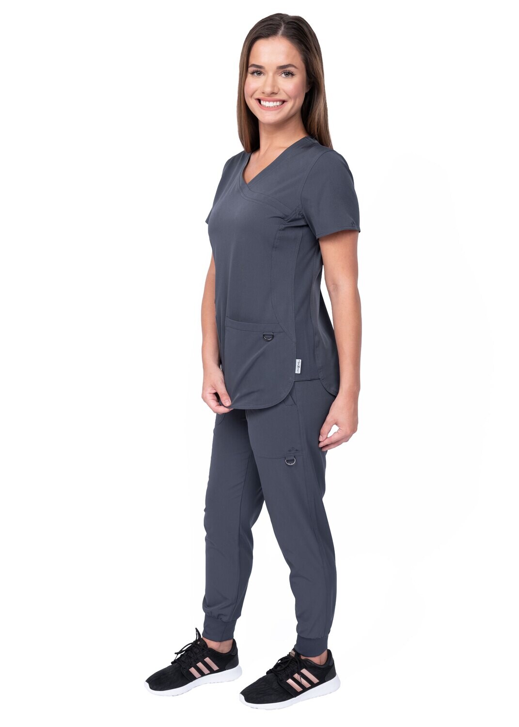Zavate AVA 1057 Mock wrap V-neck top with side rib knit panels