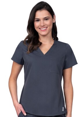 V-neck tuck in or wear out top with slanted side knit panels