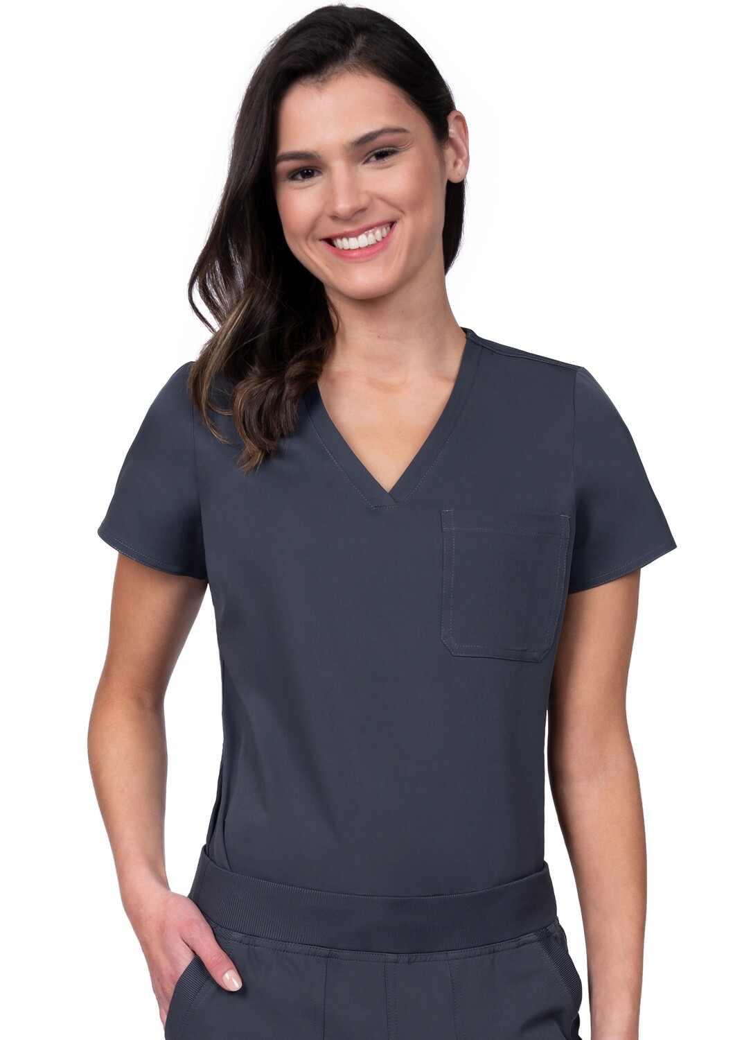 V-neck tuck in or wear out top with slanted side knit panels