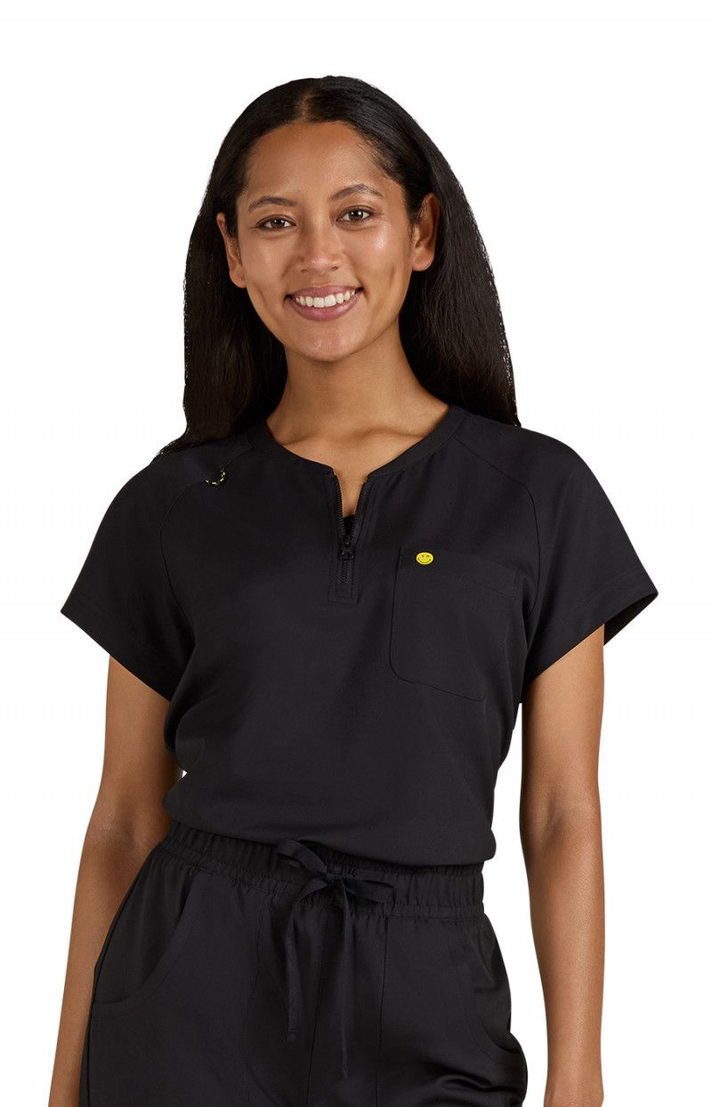 koi | SmileyWorld Ecstatic Women&#39;s 1-Pocket Zipper-Neck Scrub Top