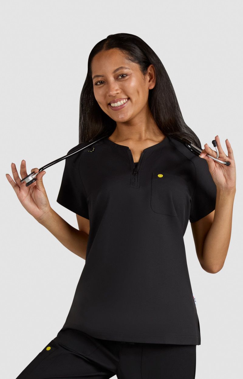 koi | SmileyWorld Ecstatic Women&#39;s 1-Pocket Zipper-Neck Scrub Top