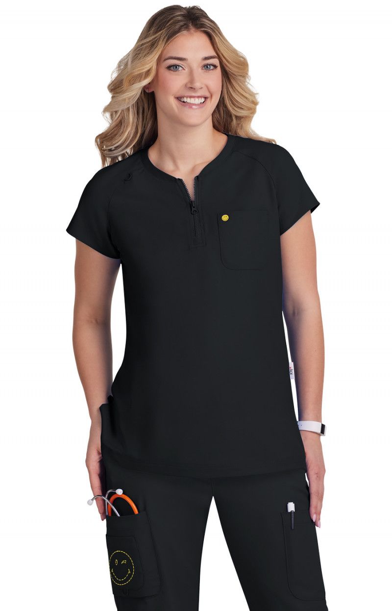 koi | SmileyWorld Ecstatic Women&#39;s 1-Pocket Zipper-Neck Scrub Top