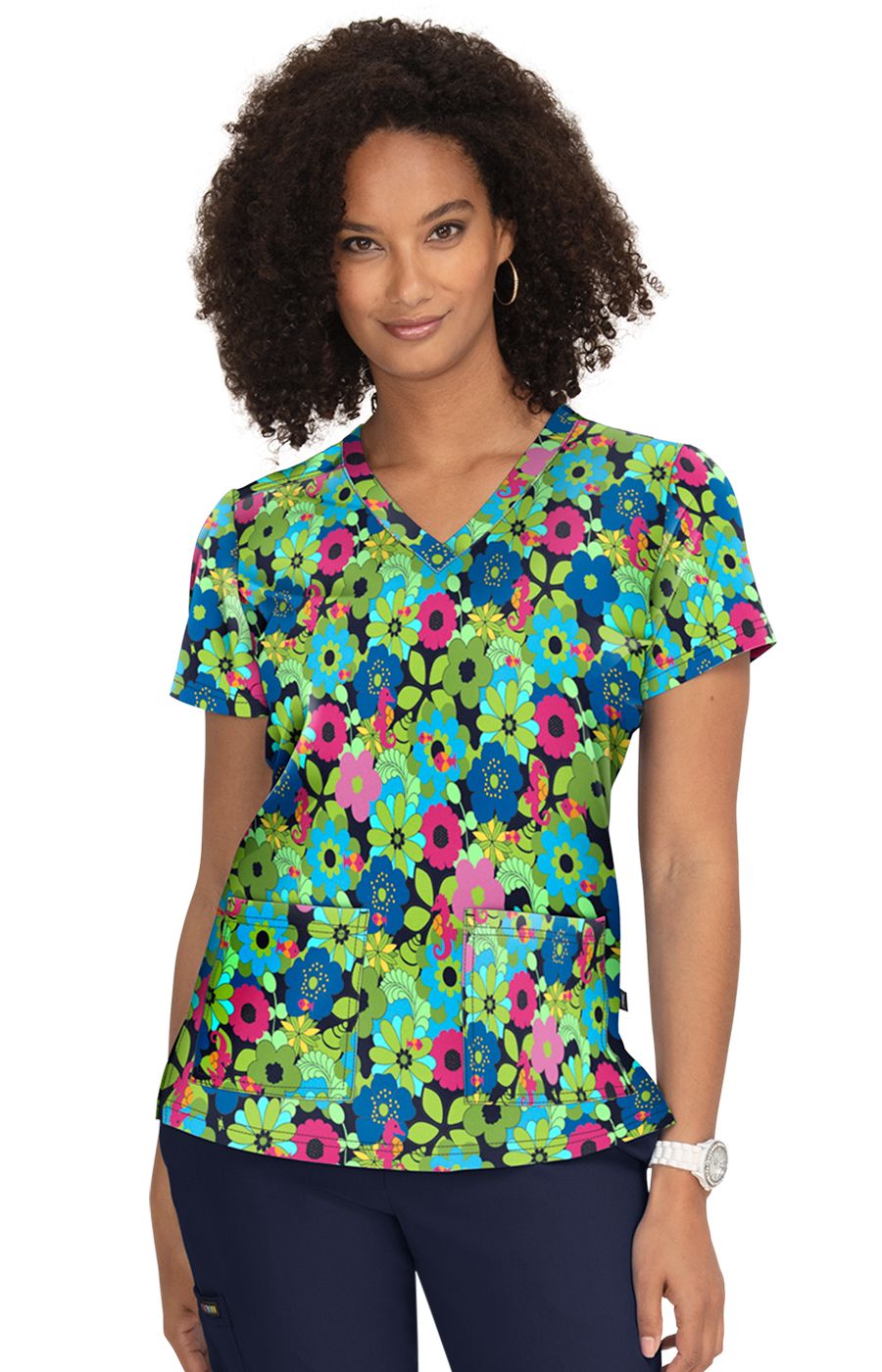 French Bull by koi Lulu Women&#39;s 2-Pocket Print Scrub Top