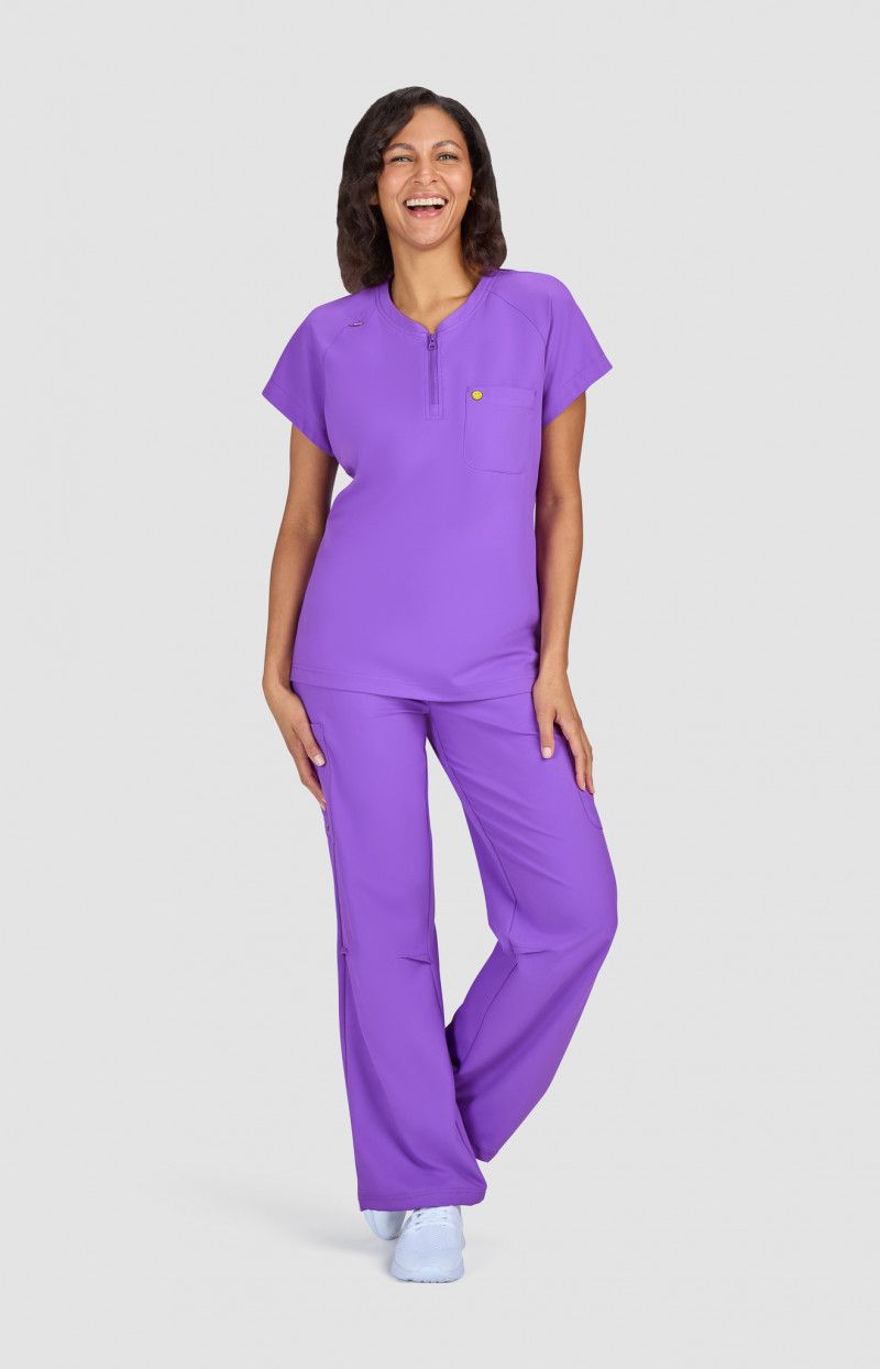 koi | SmileyWorld Ecstatic Women&#39;s 1-Pocket Zipper-Neck Scrub Top