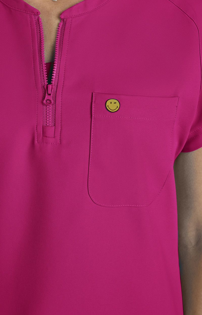 koi | SmileyWorld Ecstatic Women&#39;s 1-Pocket Zipper-Neck Scrub Top
