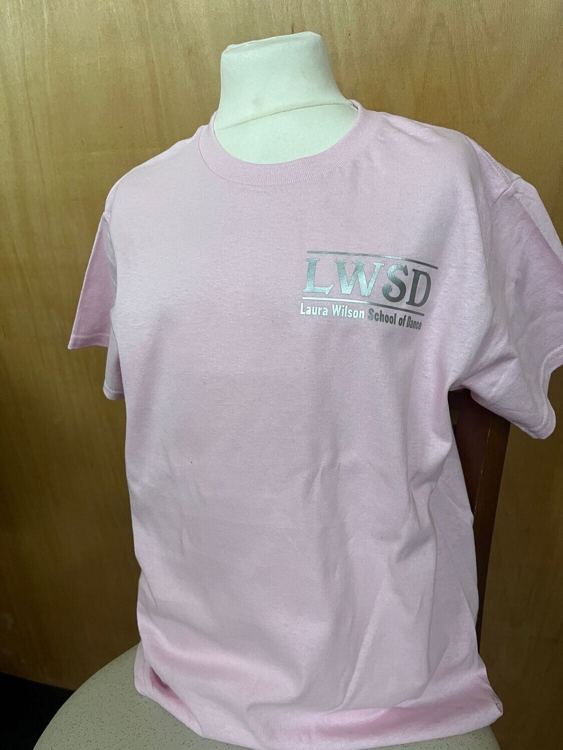 Laura Wilson School of Dance Adult T-Shirt, T-Shirt and Print Colour: Light Pink T-Shirt with Silver Print