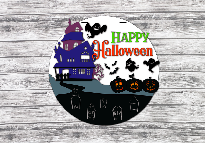 Happy Halloween Haunted House Door Hanger