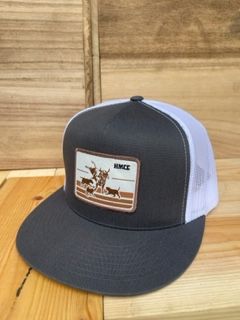 HM Cattle Patch Hats, Design: Gray with White Back Bucking Bull patch - Yupoong 5 Panel Classic