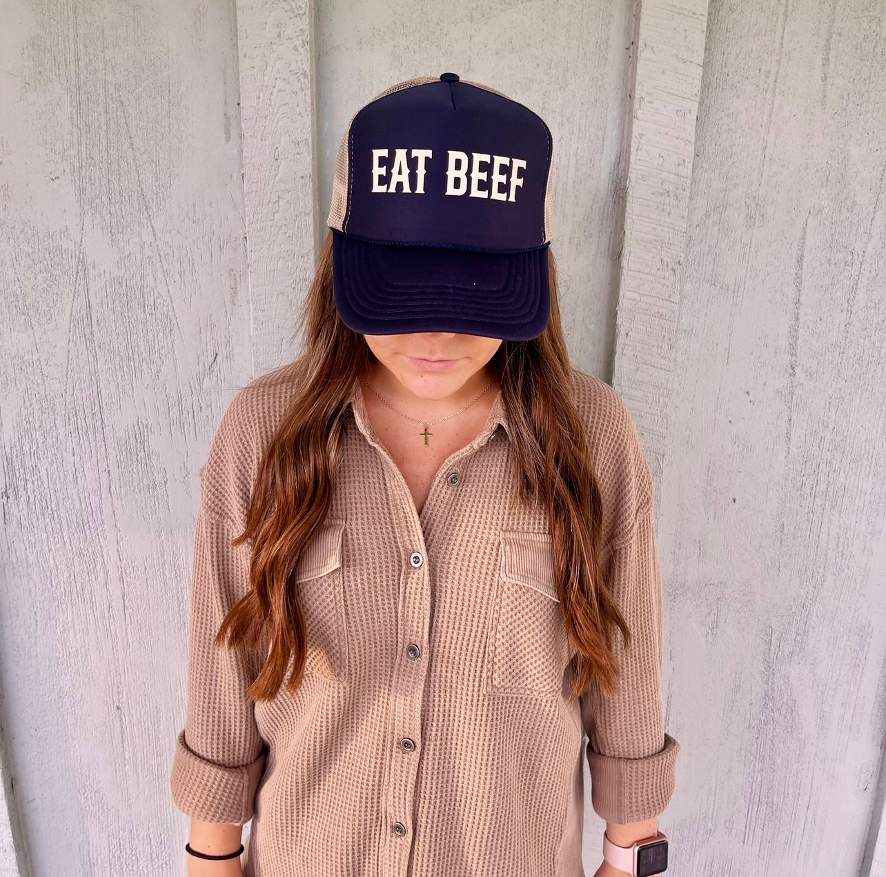 HM Cattle Foam Trucker Hats, Design: EAT BEEF - Navy and Tan Hat