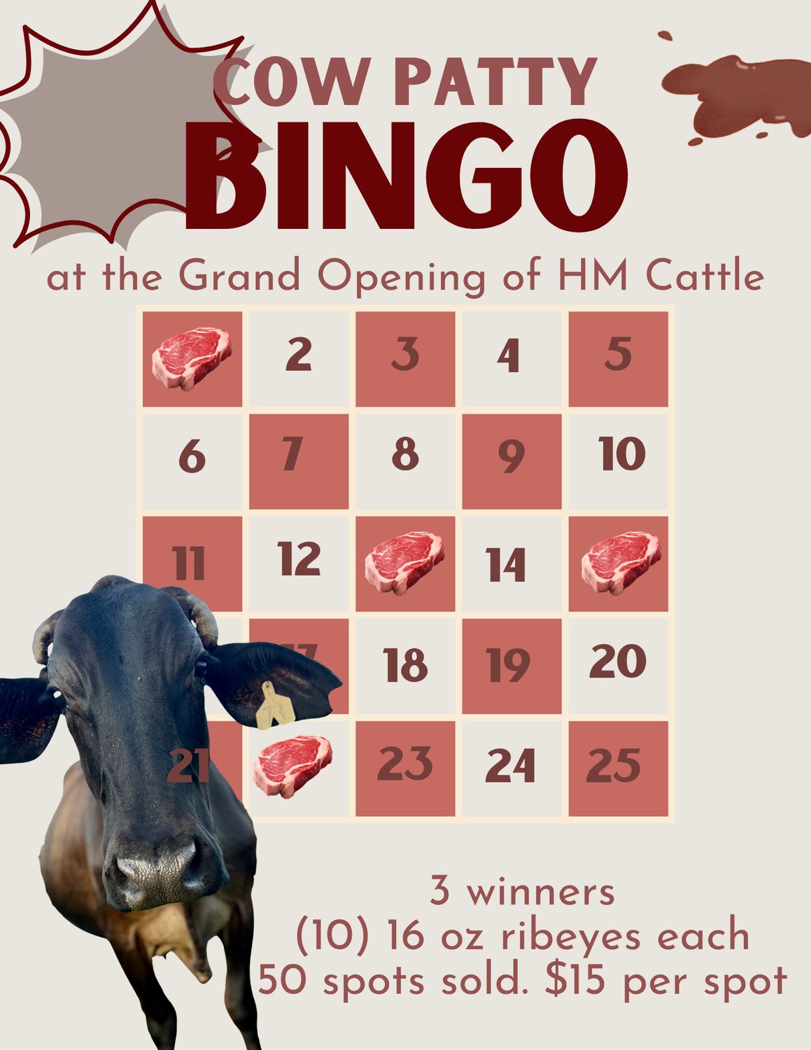 COW PATTY BINGO | GRAND OPENING GAME! SOLD OUT COW PATTY BINGO | GRAND OPENING GAME! SOLD OUT