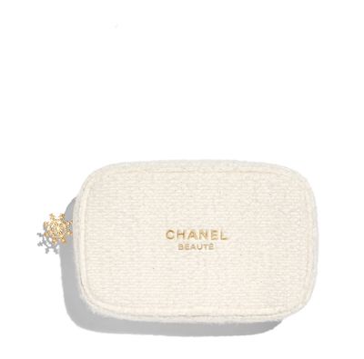 CHANEL white tweed fur makeup bag