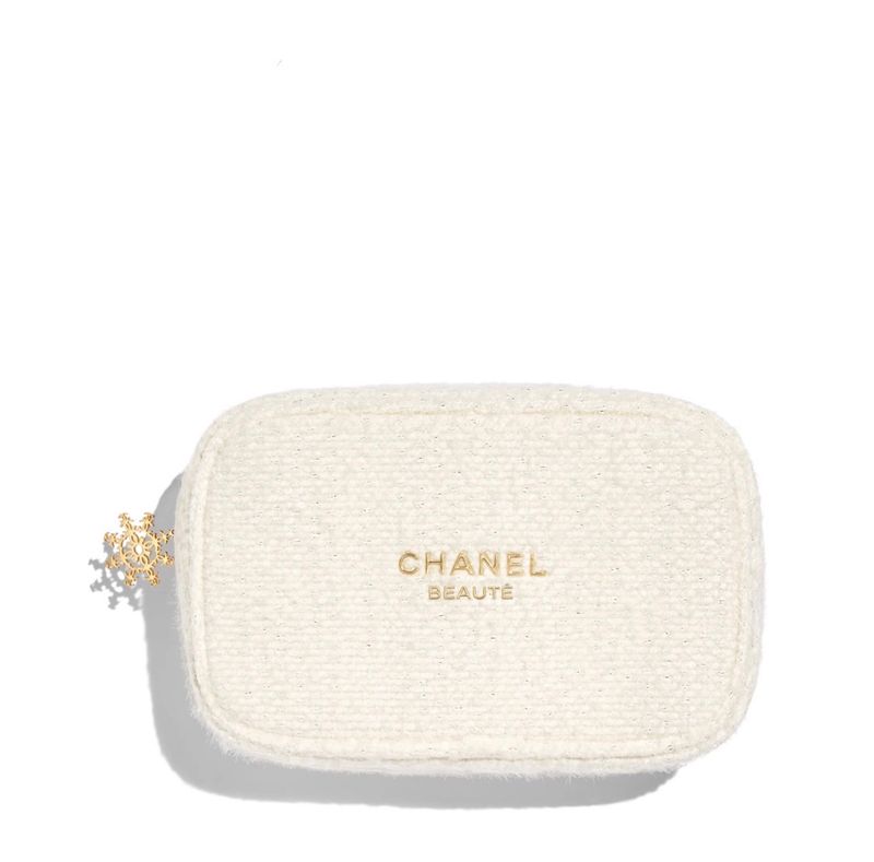 CHANEL white tweed fur makeup bag