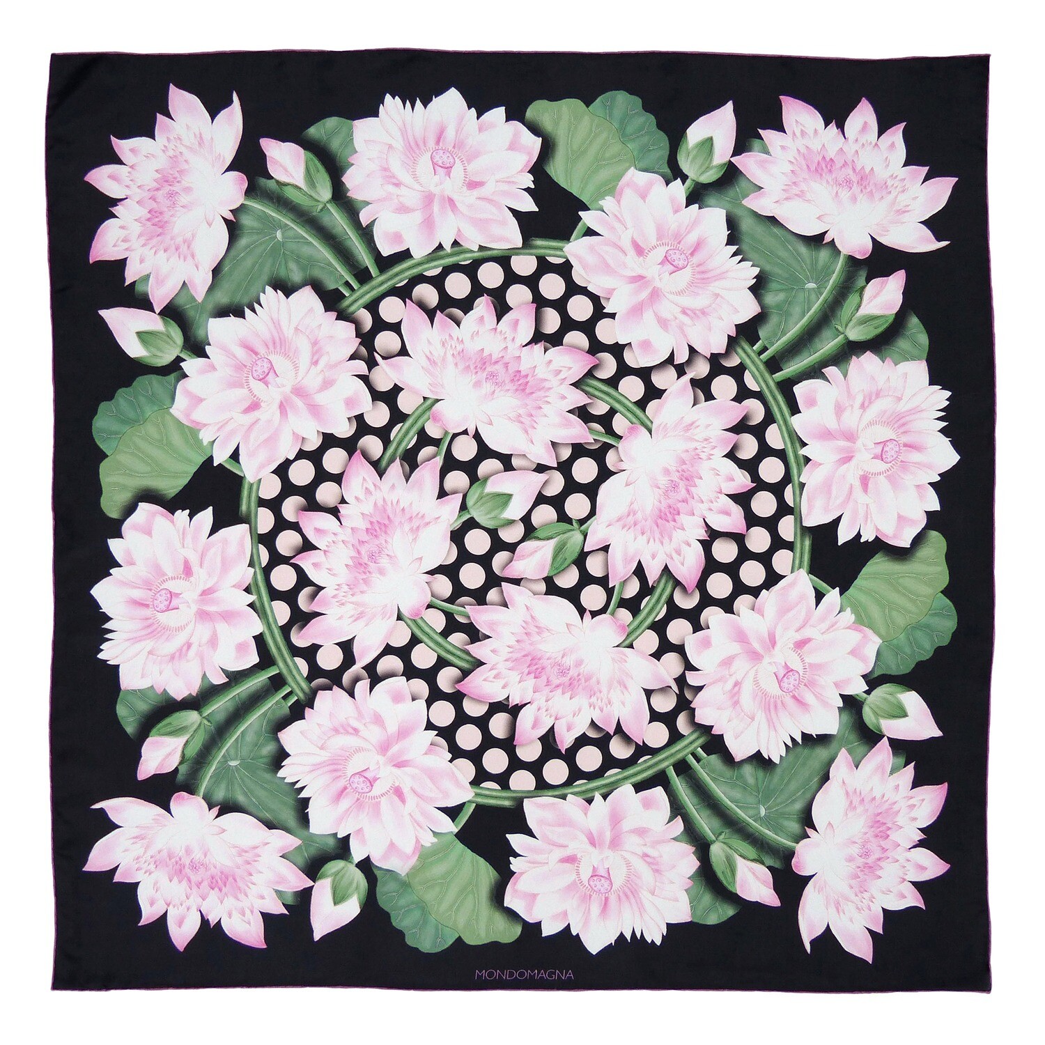 Square Silk Scarf (90cm) - Lotus Flower Black/Pink/Green