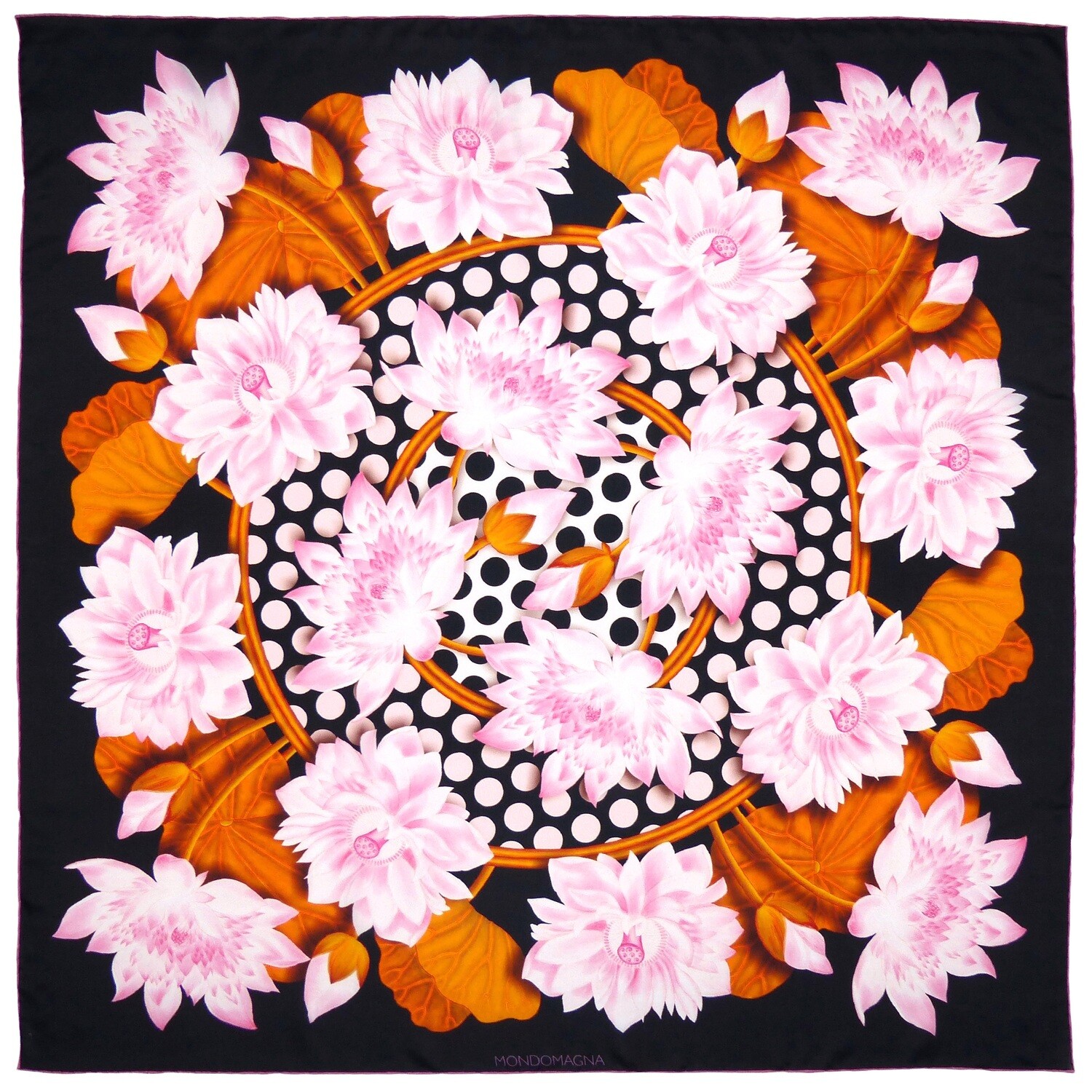 Square Silk Scarf (90cm) - Lotus Flower Black/Pink/Gold