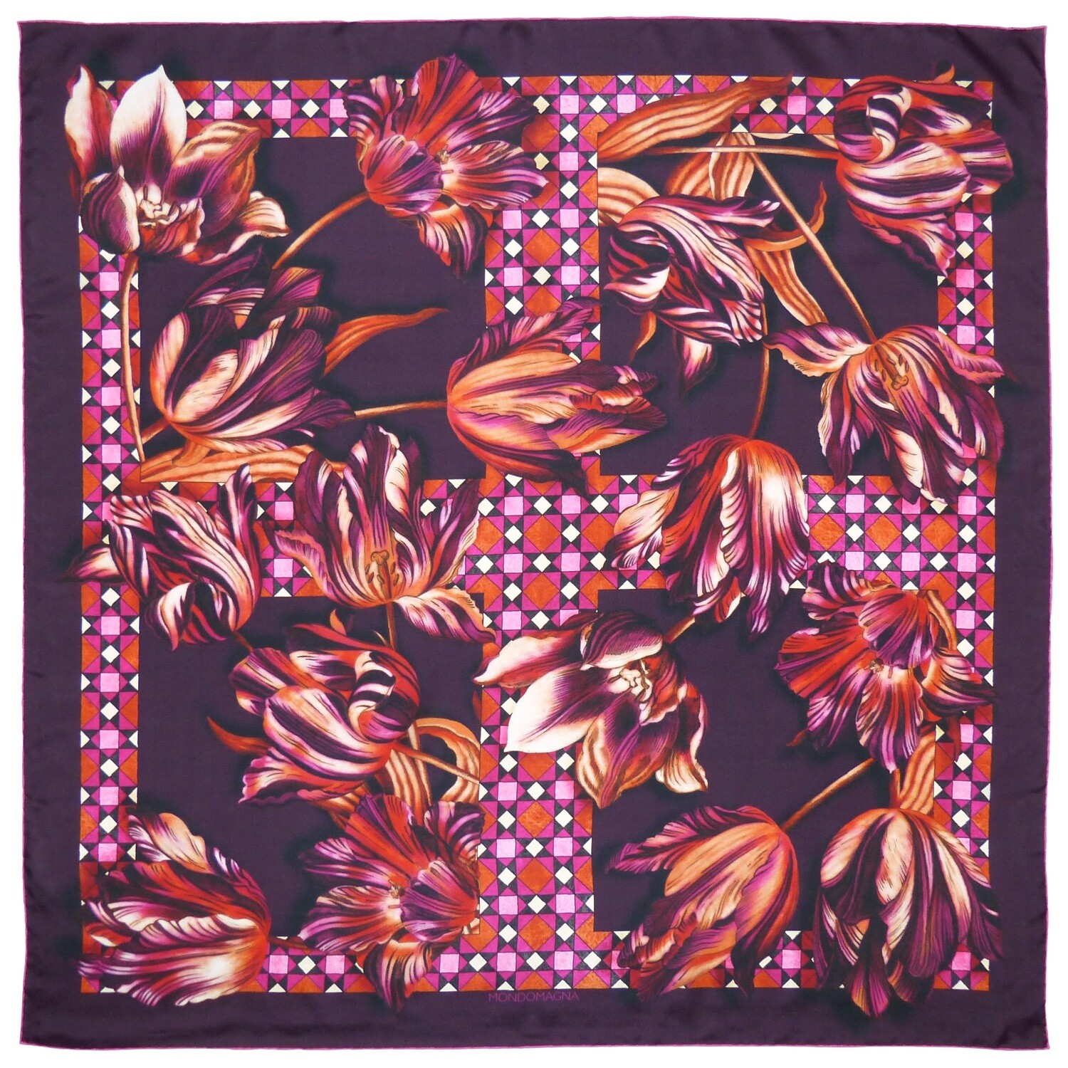 Square Silk Scarf (90cm) - Tulip Purple/Orange/Magenta