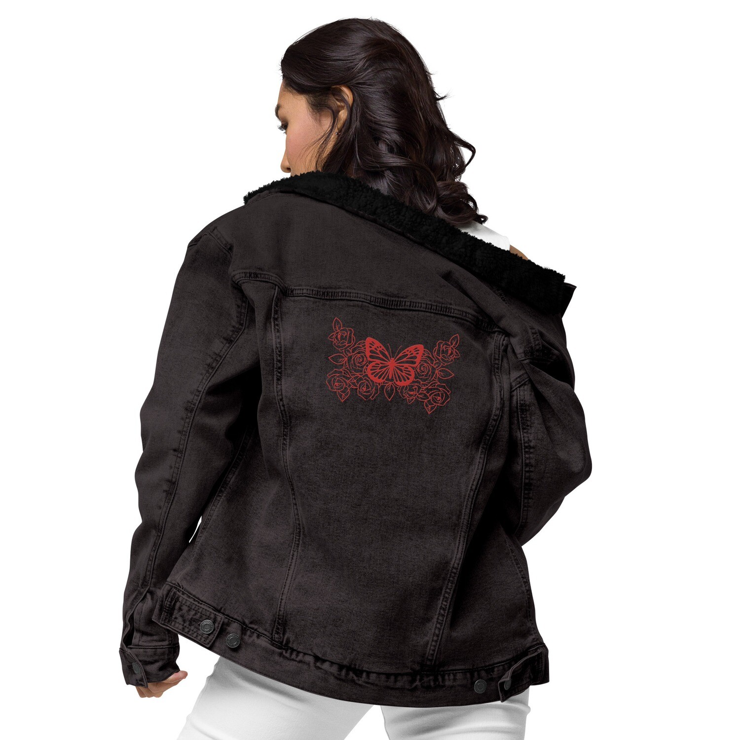 Butterfly Embroidered Unisex Denim Sherpa Jacket-Customizable