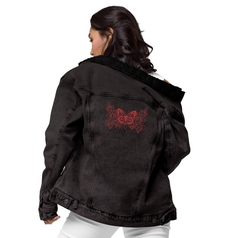 Butterfly Embroidered Unisex Denim Sherpa Jacket-Customizable