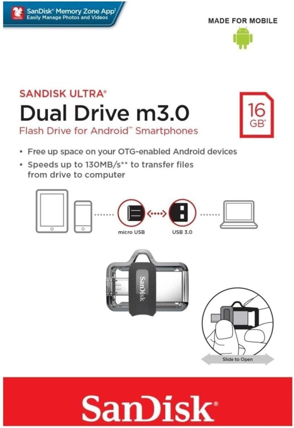 SanDisk 16GB Ultra Dual Drive m3.0 for Android Devices and Computers - microUSB, USB 3.0 - SDDD3-016G-G46, Black