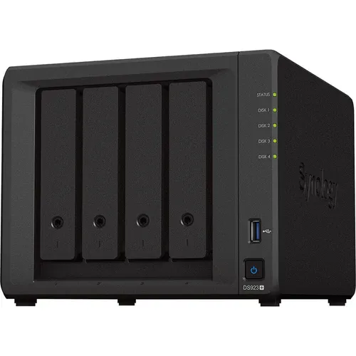 Synology DiskStation DS923+ – 4-Bay NAS, AMD Ryzen R1600, 4GB DDR4 ECC (Up to 32GB), Dual 1GbE, Optional 10GbE, 2x M.2 NVMe, Btrfs