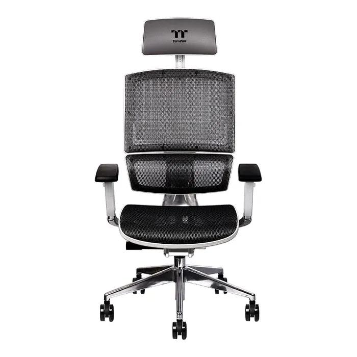 كرسي الألعاب Thermaltake CyberChair E500 المريح، مصنوع من هيكل من الألومنيوم ووسادة شبكية ومسند رأس/عمق مقعد/ارتفاع مقعد/مسند ذراع قابل للتعديل في 4 اتجاهات، باللون الأبيض